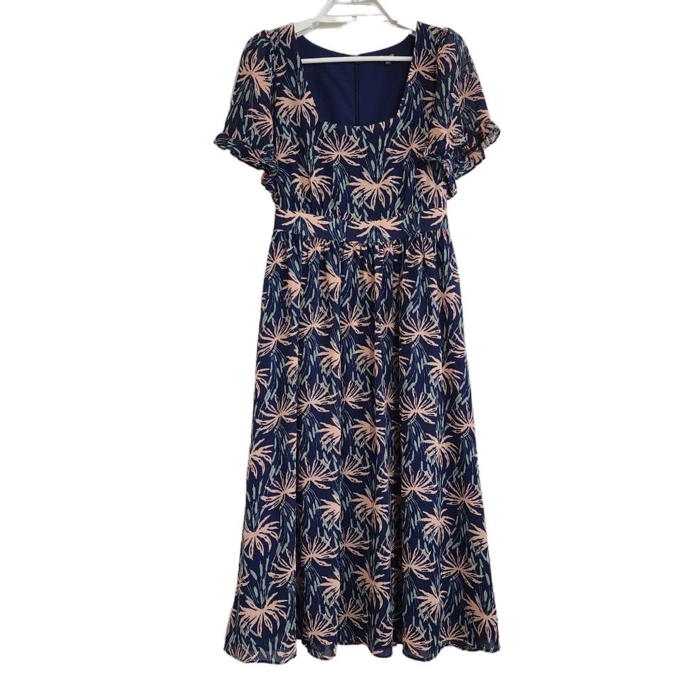 Madewell XS Ruffle-Sleeve Midi Dress Oasis Palms Tie Waist Sheer Lined Tropical
